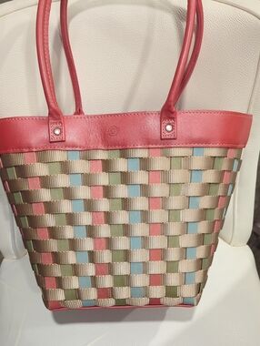 Longaberger Pink Trim Woven Tote with Blue and Olive Accents